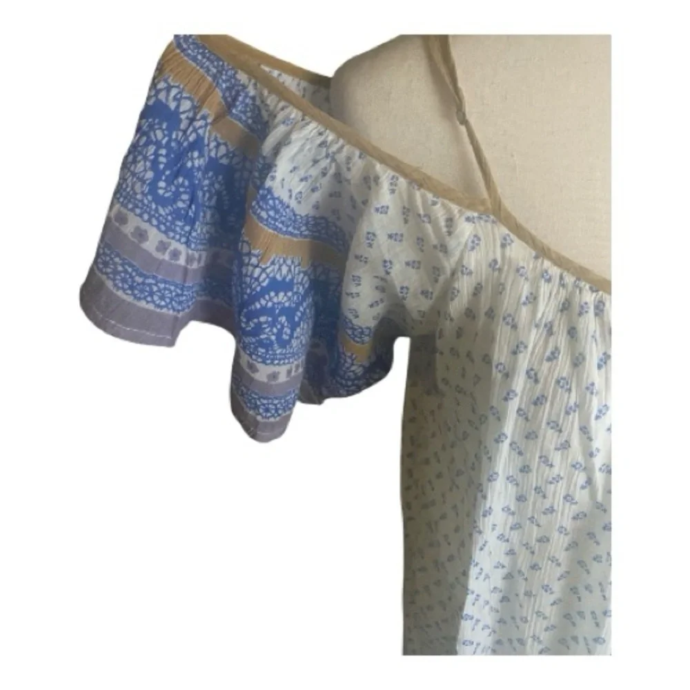 FREE PEOPLE-BLUE AND WHITE OFF SHOULDER DRESS-WOMENS SIZE LARGE